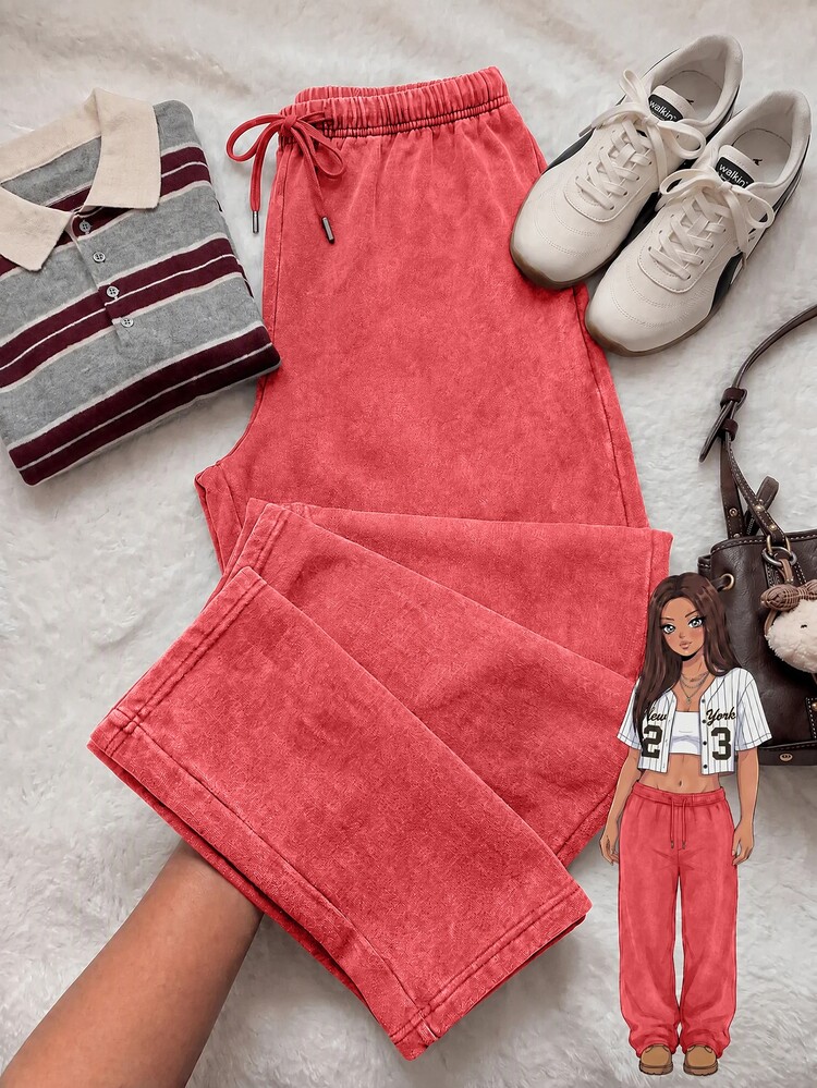 Muchica Plus Size All-Season Vintage Washed Drawstring Black Casual Sweatpants - Red - View 5