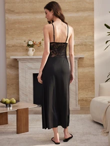 Moireta Women's Elegant Sexy Lace Patchwork Side Slit Nightgown - Black - View 2
