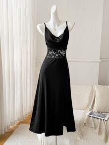 Moireta Women's Elegant Sexy Lace Patchwork Side Slit Nightgown - Black - View 12