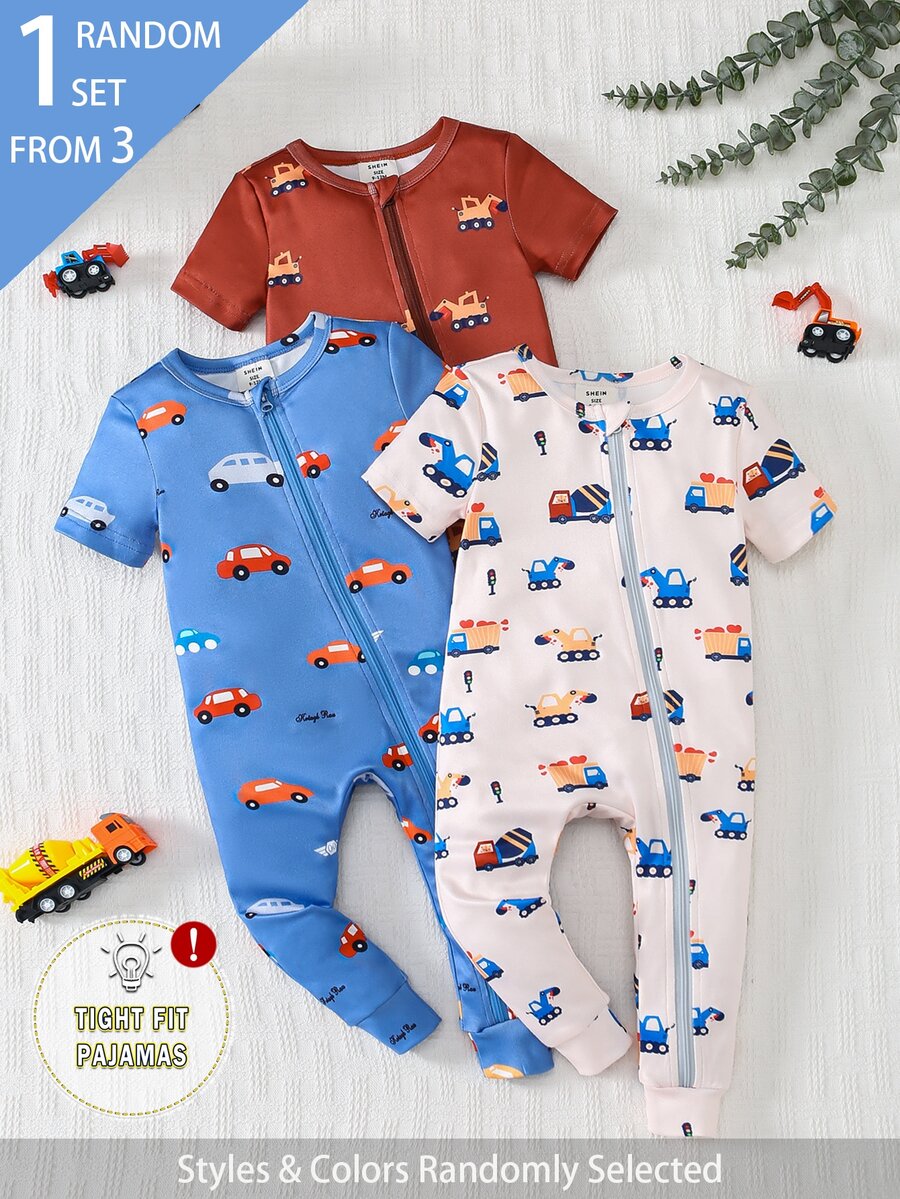 SHEIN 1 Sets Random Newborn Baby Boys Snug Fit Pajamas Round Neck Short Sleeve Long Romper Featuring Cozy Ribbed Knit Soft Fabric Rust Red,