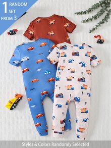SHEIN 1 Sets Random Newborn Baby Boys Snug Fit Pajamas Round Neck Short Sleeve Long Romper Featuring Cozy Ribbed Knit Soft Fabric Rust Red, - Multicolor - View 3