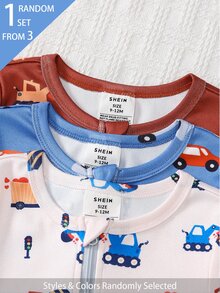 SHEIN 1 Sets Random Newborn Baby Boys Snug Fit Pajamas Round Neck Short Sleeve Long Romper Featuring Cozy Ribbed Knit Soft Fabric Rust Red, - Multicolor - View 4