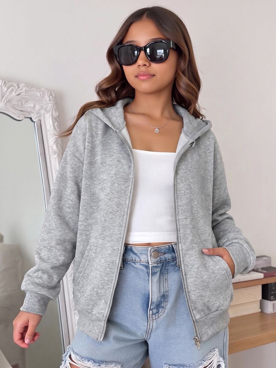 SHEIN Tween Girl Autumn/Winter Daily Kids Long Sleeve Hooded Jacket With Pockets - Grey - View 1