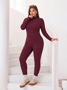 Solflare Plus Size Casual Tank Top And Leggings With Long Sleeve T-Shirt Set - Coffee Brown - View 4
