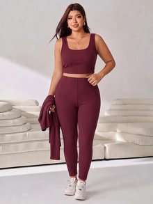 Solflare Plus Size Casual Tank Top And Leggings With Long Sleeve T-Shirt Set - Coffee Brown - View 5