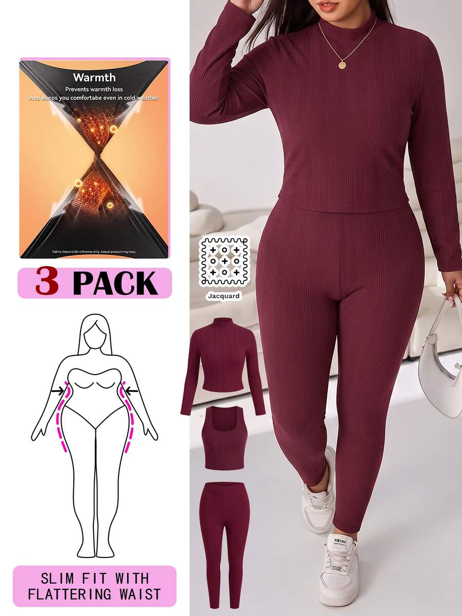 Solflare Plus Size Casual Tank Top And Leggings With Long Sleeve T-Shirt Set - Coffee Brown - View 1