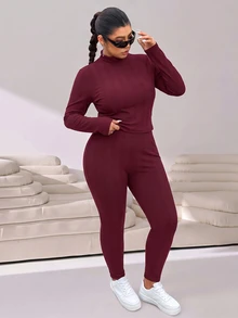 Solflare Plus Size Casual Tank Top And Leggings With Long Sleeve T-Shirt Set - Coffee Brown - View 8