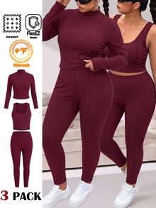 Solflare Plus Size Casual Tank Top And Leggings With Long Sleeve T-Shirt Set - Coffee Brown - View 1