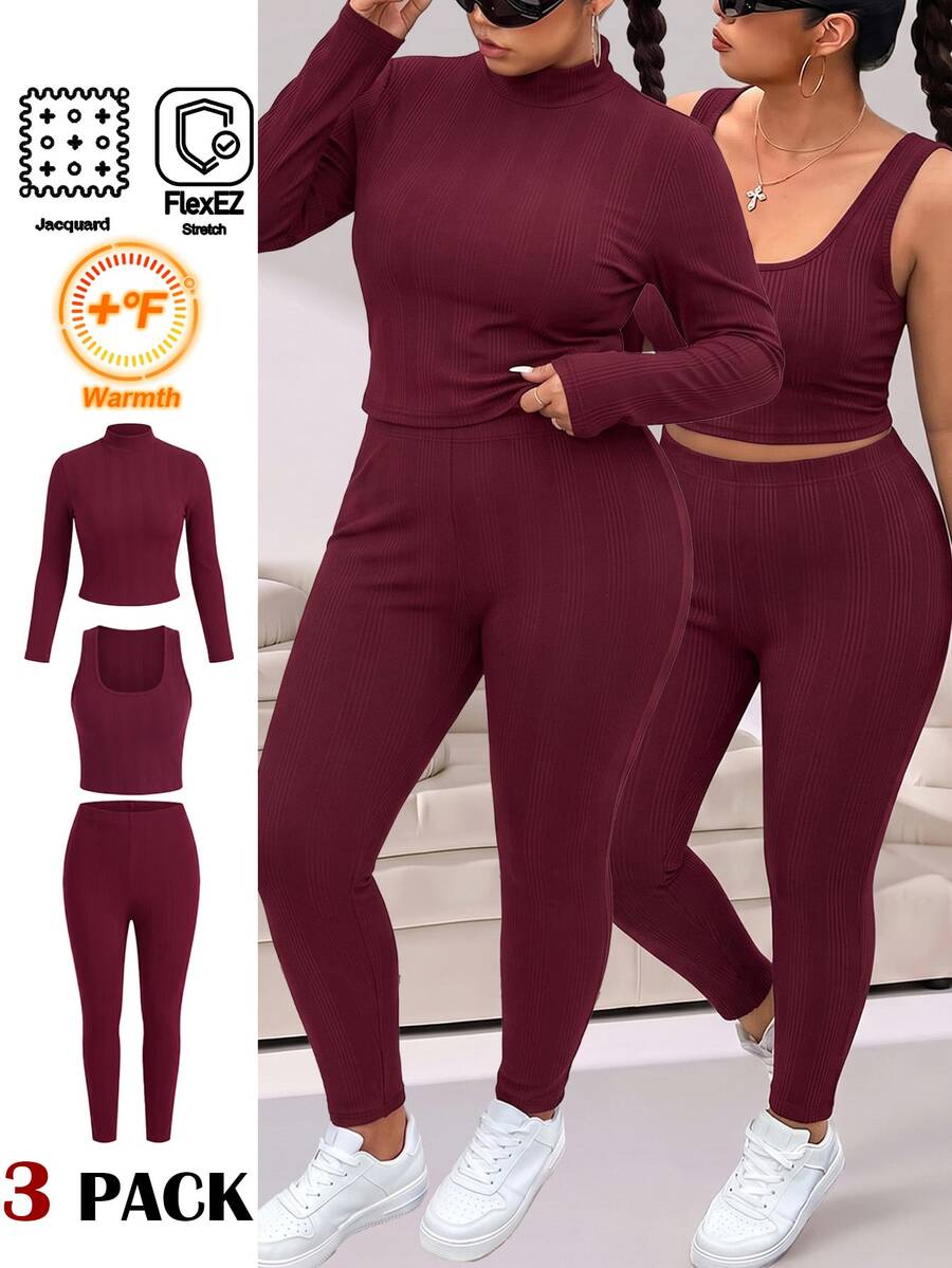 Solflare Plus Size Casual Tank Top And Leggings With Long Sleeve T-Shirt Set - Coffee Brown - View 1