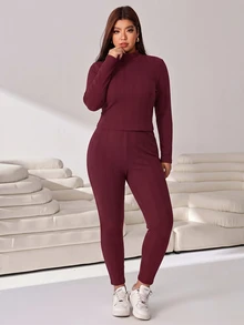 Solflare Plus Size Casual Tank Top And Leggings With Long Sleeve T-Shirt Set - Coffee Brown - View 7