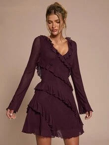 SHEIN BAE 女款優雅浪漫深紫色長袖荷葉邊下擺洋裝，冬季百褶網紗修身生日夜生活約會穿搭夜店派對禮服 - 酒紅色 - 查看 5