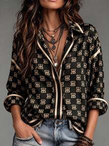 Trelyra European & American Luxury Style Slogan Letter All-Over Print Top, High-End Contrast Trim Loose Draped Long Sleeve Blouse - Multicolor - View 3