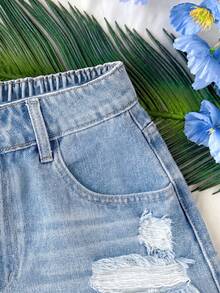 Soleia Plus Size Women's Casual Denim Shorts With Pockets, Distressed And Raw Hem - Light Wash - View 6