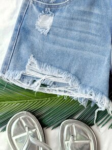 Soleia Plus Size Women's Casual Denim Shorts With Pockets, Distressed And Raw Hem - Light Wash - View 5