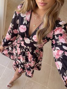 KARISMINA 女款時尚休閒可愛波西米亞優雅浪漫四季度假茶會早午餐度假V領迷你洋裝，婚禮賓客黑色與粉色秋季款 - 黑色 - 查看 1
