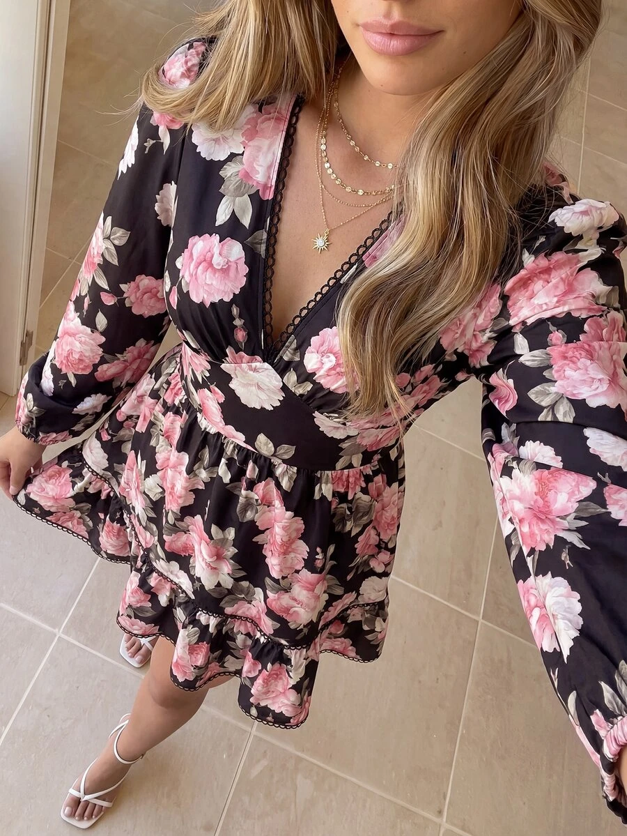 KARISMINA 女款時尚休閒可愛波西米亞優雅浪漫四季度假茶會早午餐度假V領迷你洋裝，婚禮賓客黑色與粉色秋季款 - 黑色 - 查看 1