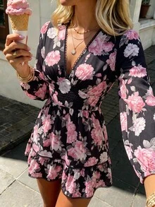 KARISMINA 女款時尚休閒可愛波西米亞優雅浪漫四季度假茶會早午餐度假V領迷你洋裝，婚禮賓客黑色與粉色秋季款 - 黑色 - 查看 10