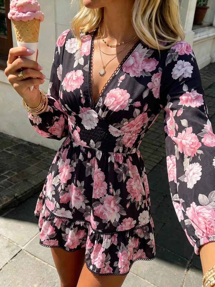 KARISMINA Women's Fashion Casual Cute Boho Elegant Romantic Four-Season Holiday Tea Party Brunch Vacation V-Neck Mini Dress, Wedding Guest Black And Pink Autumn - Black - View 10