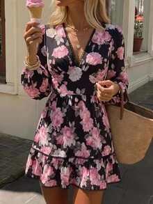 KARISMINA 女款時尚休閒可愛波西米亞優雅浪漫四季度假茶會早午餐度假V領迷你洋裝，婚禮賓客黑色與粉色秋季款 - 黑色 - 查看 9