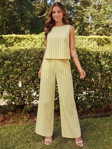 KARISMINA 2pcs/Set Women Solid Color Woven Fitted Tank Top & High Waist Loose Straight Pants Set Spring Outfits For Tropical Vacation Woman Clothes Linen Island - Light Yellow - View 7