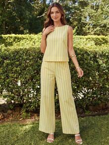 KARISMINA 2pcs/Set Women Solid Color Woven Fitted Tank Top & High Waist Loose Straight Pants Set Spring Outfits For Tropical Vacation Woman Clothes Linen Island - Light Yellow - View 3