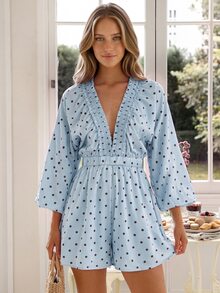 KARISMINA Women's Deep V-Neck Puff Sleeve Polka Dot High Waist Ruffle Romper French Vacation Style Spring Summer Autumn Winter Garden Party Tropical - Blue - View 8