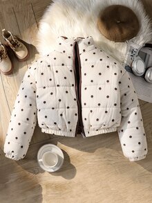 SHEIN Elladie kids 青少年女孩冬季休閒可愛日系可翻面鋪棉外套，一面棕色與白色波點圖案，一面純色，短版寬鬆版型，Y2K學生風 - 米色 - 查看 7