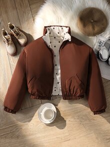 SHEIN Elladie kids 青少年女孩冬季休閒可愛日系可翻面鋪棉外套，一面棕色與白色波點圖案，一面純色，短版寬鬆版型，Y2K學生風 - 米色 - 查看 8