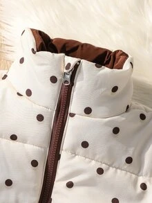 SHEIN Elladie kids 青少年女孩冬季休閒可愛日系可翻面鋪棉外套，一面棕色與白色波點圖案，一面純色，短版寬鬆版型，Y2K學生風 - 米色 - 查看 5