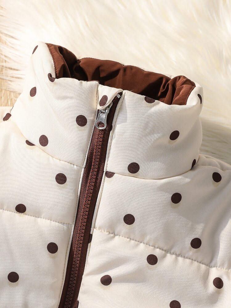 Tween Girl Winter Casual Reversible Padded Coat, One Side Beige Polka Dot Pattern, One Side Brown Solid Color, Reversible, Fashionable, Short Loose Fit, Casual, Y2K, Street Style, Warm And Comfortable - Beige - View 4