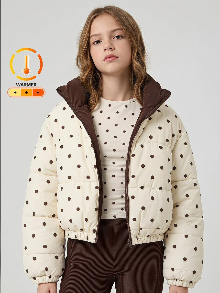 SHEIN Elladie kids 青少年女孩冬季休閒可愛日系可翻面鋪棉外套，一面棕色與白色波點圖案，一面純色，短版寬鬆版型，Y2K學生風