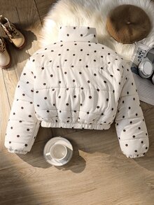 SHEIN Elladie kids 青少年女孩冬季休閒可愛日系可翻面鋪棉外套，一面棕色與白色波點圖案，一面純色，短版寬鬆版型，Y2K學生風 - 米色 - 查看 3
