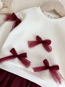 SHEIN 女嬰針織素色對比網紗蝴蝶結衛衣與網紗秋季裙 2 件套 - 彩色 - 查看 7
