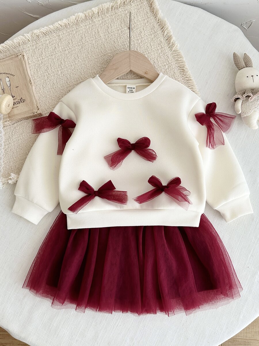 SHEIN Baby Girl Knit Solid Color Contrast Mesh Bow Sweatshirt And Mesh Autumn Skirt 2 Pieces Set - Multicolor - View 1