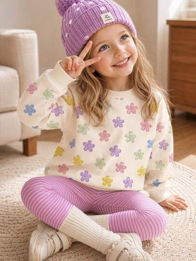 Young Girl Cute Sweet Girl Watercolor Pastoral Floral Illustration Pattern, Casual Minimalist Loose Crew Neck Sweatshirt Sweetheart Girl Style Contrast Stripe Brushed Fleece Pants Set Suitable For Autumn/Winter Daily, Outings, Pastoral, Farm, Fashion Autumn/Winter New, Dreamy Dopamine Girl