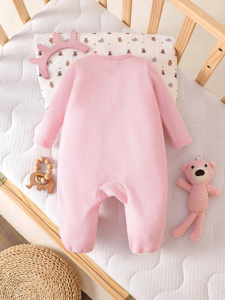 SHEIN 2pcs Baby Girls Romper Set Cute Sweet Pink Bear Bow Ribbed Knitted Long Sleeve Round Neck Regular Birthday Party Fall Christmas Autumn Pullover Button - Baby Pink - View 2