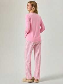 SHEIN Cotton Line Women Pink Color Sweet Panda Print Round Neck Long Sleeve Top& Striped High Waist Comfy 2 Pcs Set - Pink - View 2
