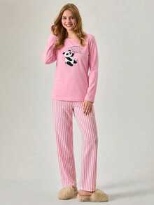 SHEIN Cotton Line Women Pink Color Sweet Panda Print Round Neck Long Sleeve Top& Striped High Waist Comfy 2 Pcs Set - Pink - View 4