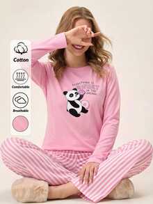 SHEIN Cotton Line Women Pink Color Sweet Panda Print Round Neck Long Sleeve Top& Striped High Waist Comfy 2 Pcs Set - Pink - View 1