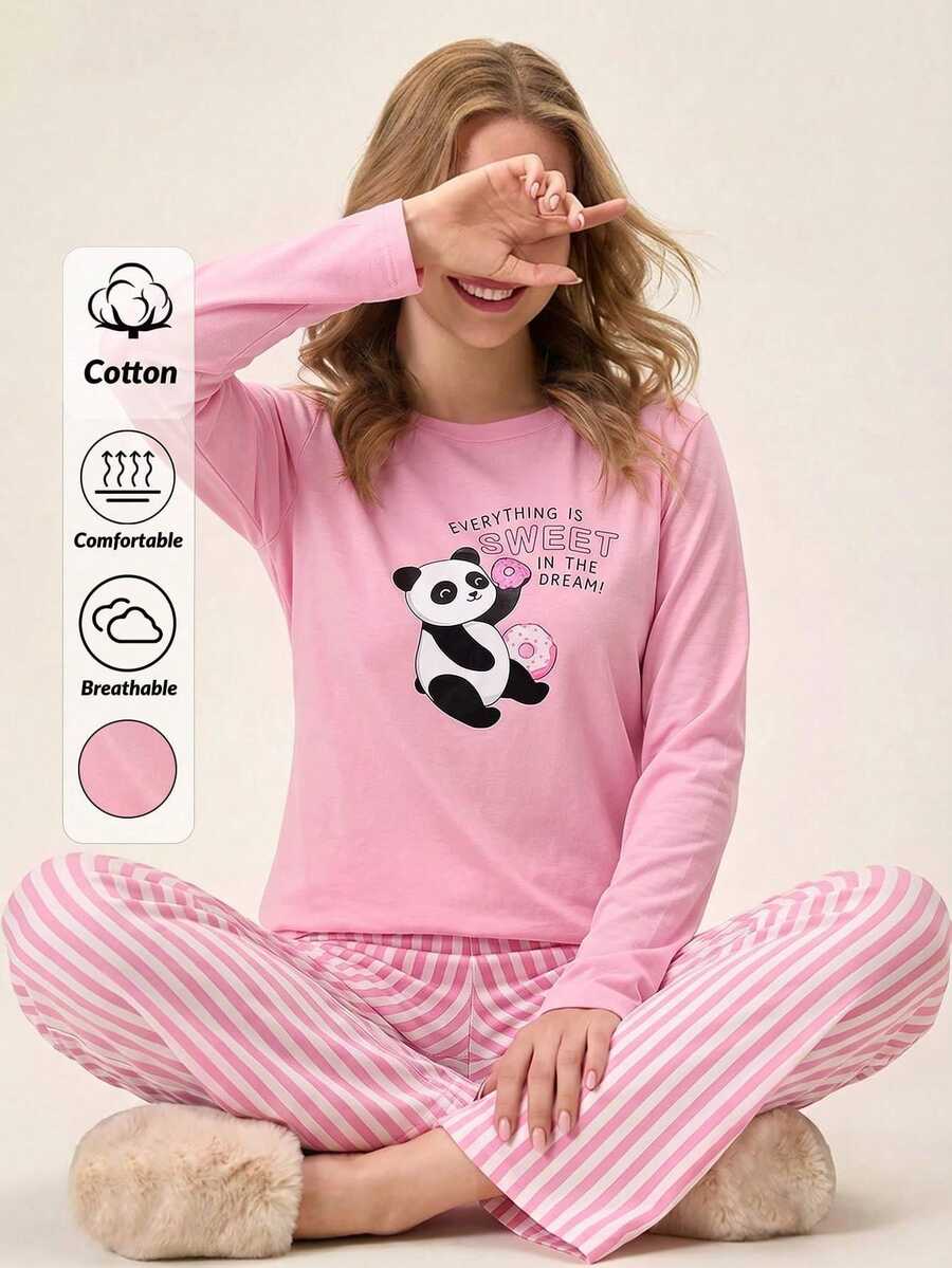 SHEIN Cotton Line Women Pink Color Sweet Panda Print Round Neck Long Sleeve Top& Striped High Waist Comfy 2 Pcs Set - Pink - View 1