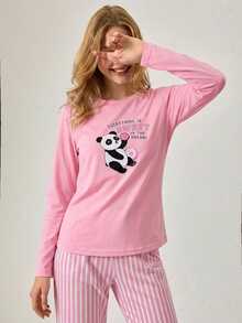 SHEIN Cotton Line Women Pink Color Sweet Panda Print Round Neck Long Sleeve Top& Striped High Waist Comfy 2 Pcs Set - Pink - View 5