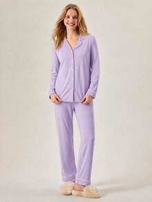 SHEIN Classic Button Front Pajama Set – Soft Long Sleeve Top & Comfy Straight Leg Pants Loungewear - Lilac Purple - View 4