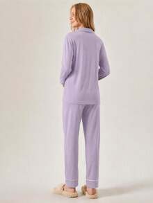 SHEIN Classic Button Front Pajama Set – Soft Long Sleeve Top & Comfy Straight Leg Pants Loungewear - Lilac Purple - View 2