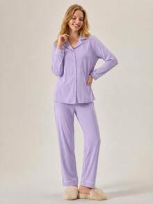 SHEIN Classic Button Front Pajama Set – Soft Long Sleeve Top & Comfy Straight Leg Pants Loungewear - Lilac Purple - View 5