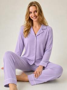 SHEIN Classic Button Front Pajama Set – Soft Long Sleeve Top & Comfy Straight Leg Pants Loungewear - Lilac Purple - View 1