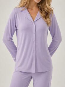 SHEIN Classic Button Front Pajama Set – Soft Long Sleeve Top & Comfy Straight Leg Pants Loungewear - Lilac Purple - View 3
