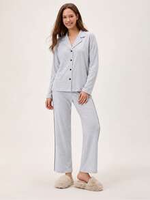 SHEIN Light Grey Silver Button Front Contrast Side Stripe Casual Modest Pajama Set Lounge Sleep Autumn - Grey - View 5