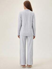SHEIN Light Grey Silver Button Front Contrast Side Stripe Casual Modest Pajama Set Lounge Sleep Autumn - Grey - View 2