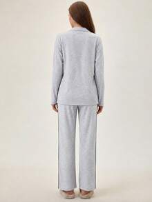 SHEIN Light Grey Silver Button Front Contrast Side Stripe Casual Modest Pajama Set Lounge Sleep Autumn - Grey - View 4