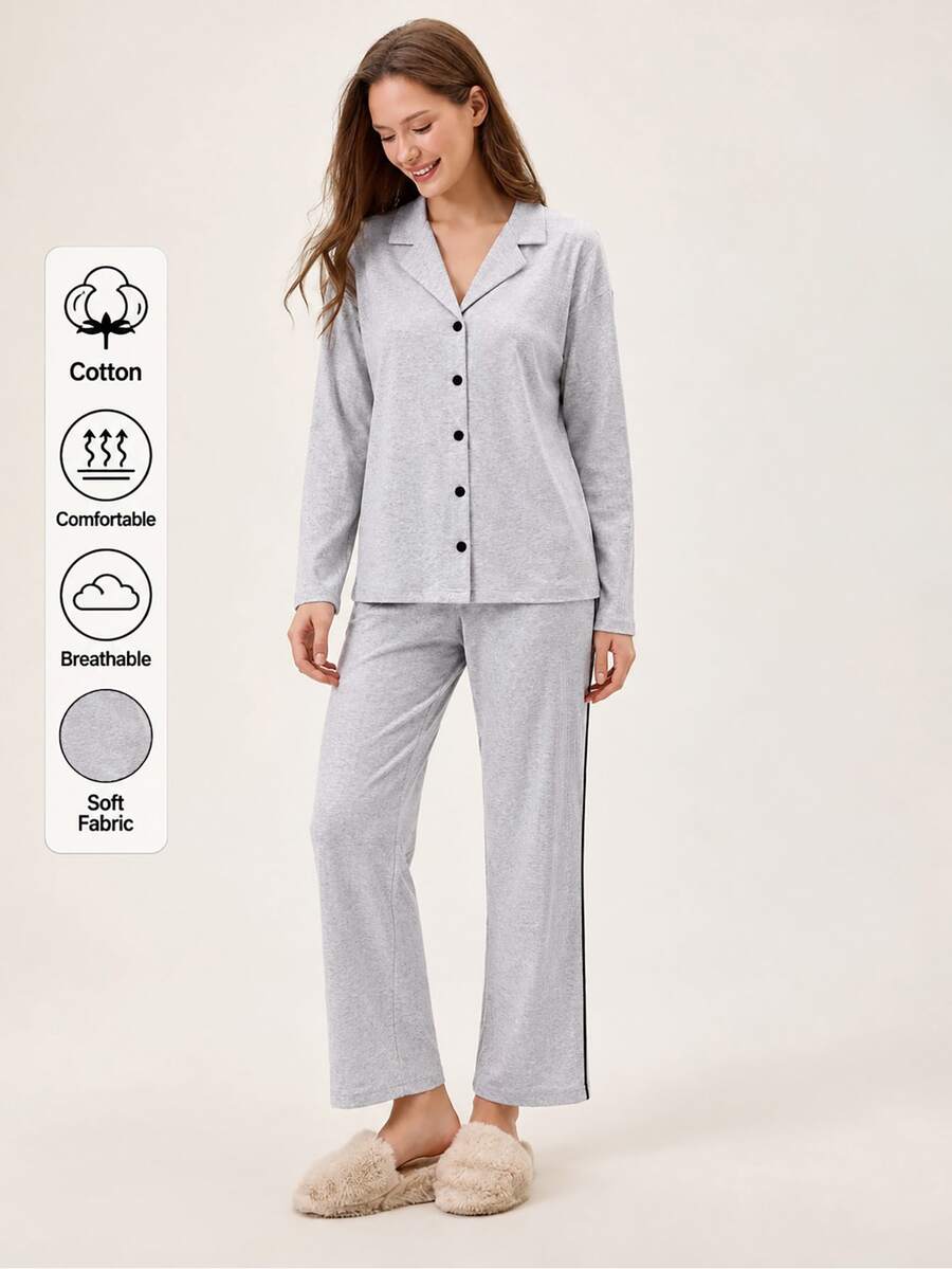 SHEIN Light Grey Silver Button Front Contrast Side Stripe Casual Modest Pajama Set Lounge Sleep Autumn - Grey - View 1